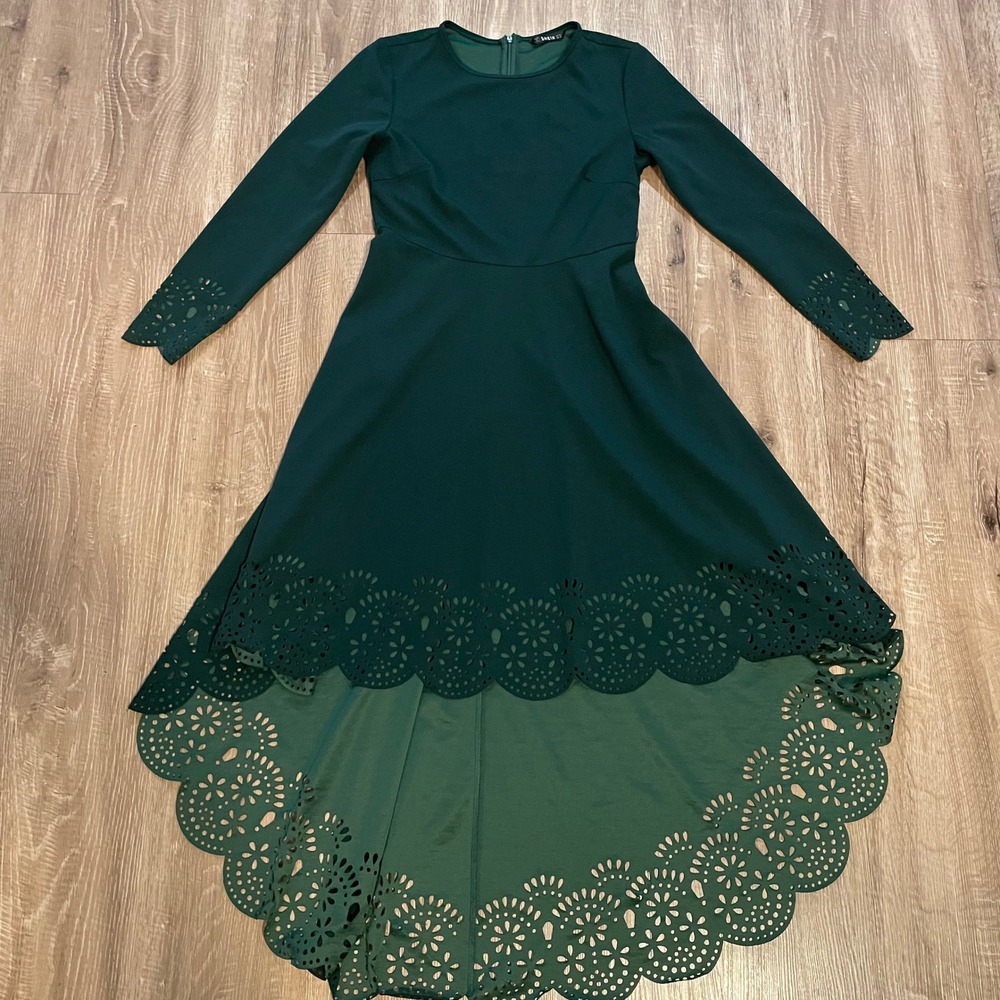 SHEIN Womens Dress Medium Green Polyester Spandex Laser Cut High Low Long Sleeve
